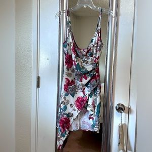 Blue Blush White and Floral Asymmetrical Dress with High Slit